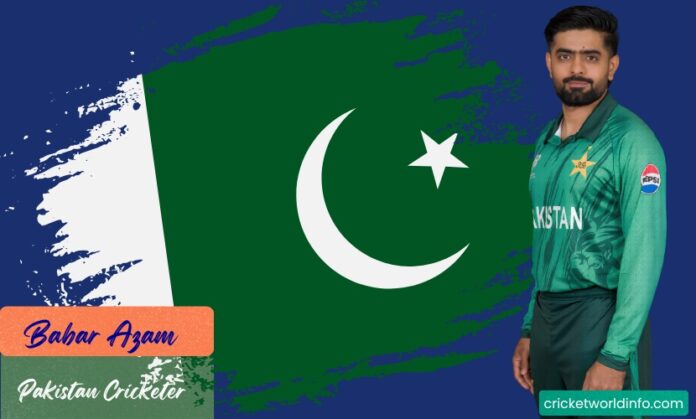 Babar Azam Pakistan cricketer wearing green jersey with Pakistan flag background