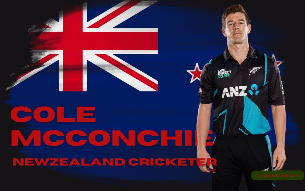 Cole McConchie New Zealand cricketer in Black Caps jersey with national flag background