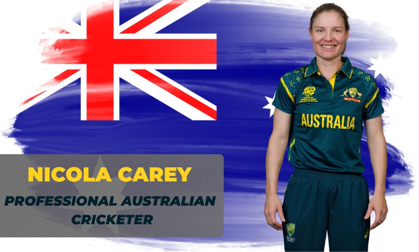 Nicola Carey: Profile, Age, Height, Career, Teams, Stats, Achievements, Net Worth & More Nicola Carey Australian cricketer standing in team uniform with Australia flag background