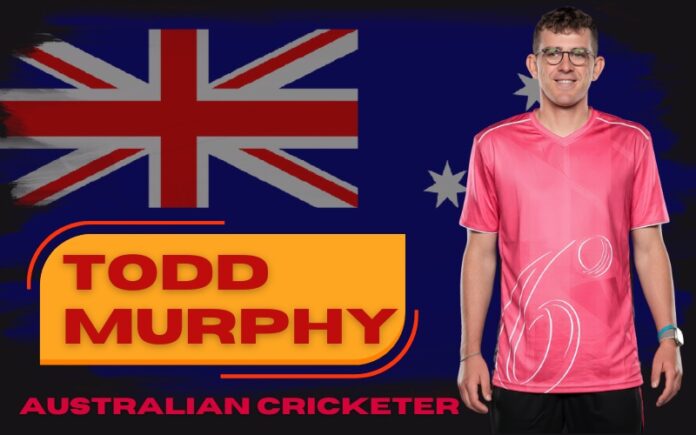 Todd Murphy Australian cricketer portrait with Australia flag background wearing glasses and pink jersey